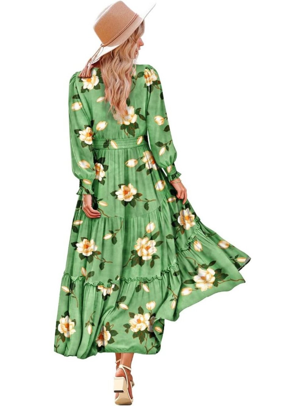 Women's Light Green Long Sleeve Round Neck Smocked Waist Side Pockets Maxi Dress